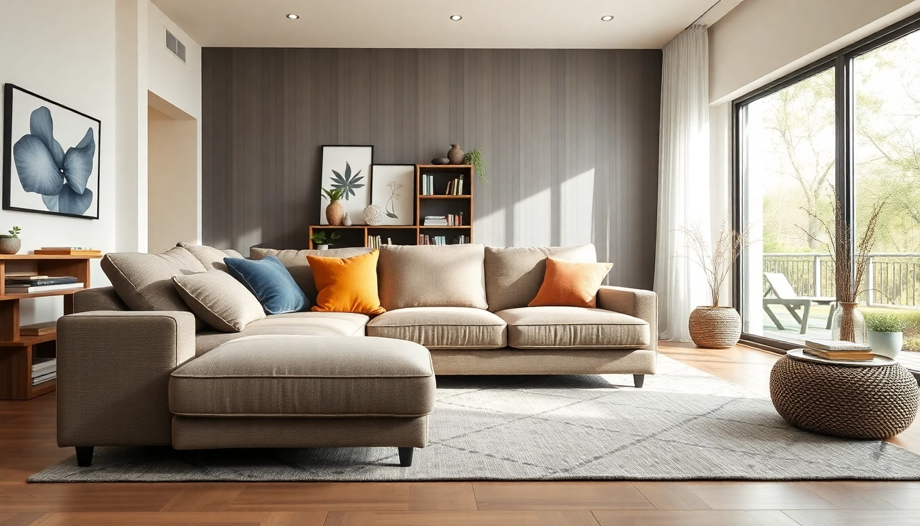 Bequemes ecksofa mit schlaffunktion in einem stilvollen Wohnzimmer mit natürlichen Lichtquellen.
