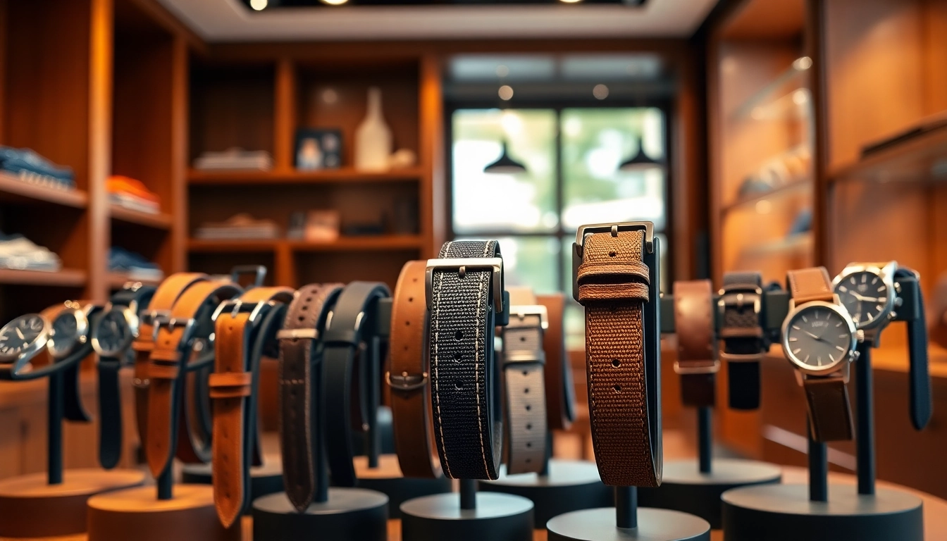 Explore premium watch straps uk displayed elegantly in a stylish boutique, showcasing diverse materials and textures.