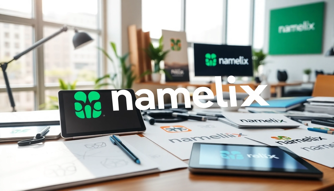 Namelix showcases innovative logo designs on a creative workspace.
