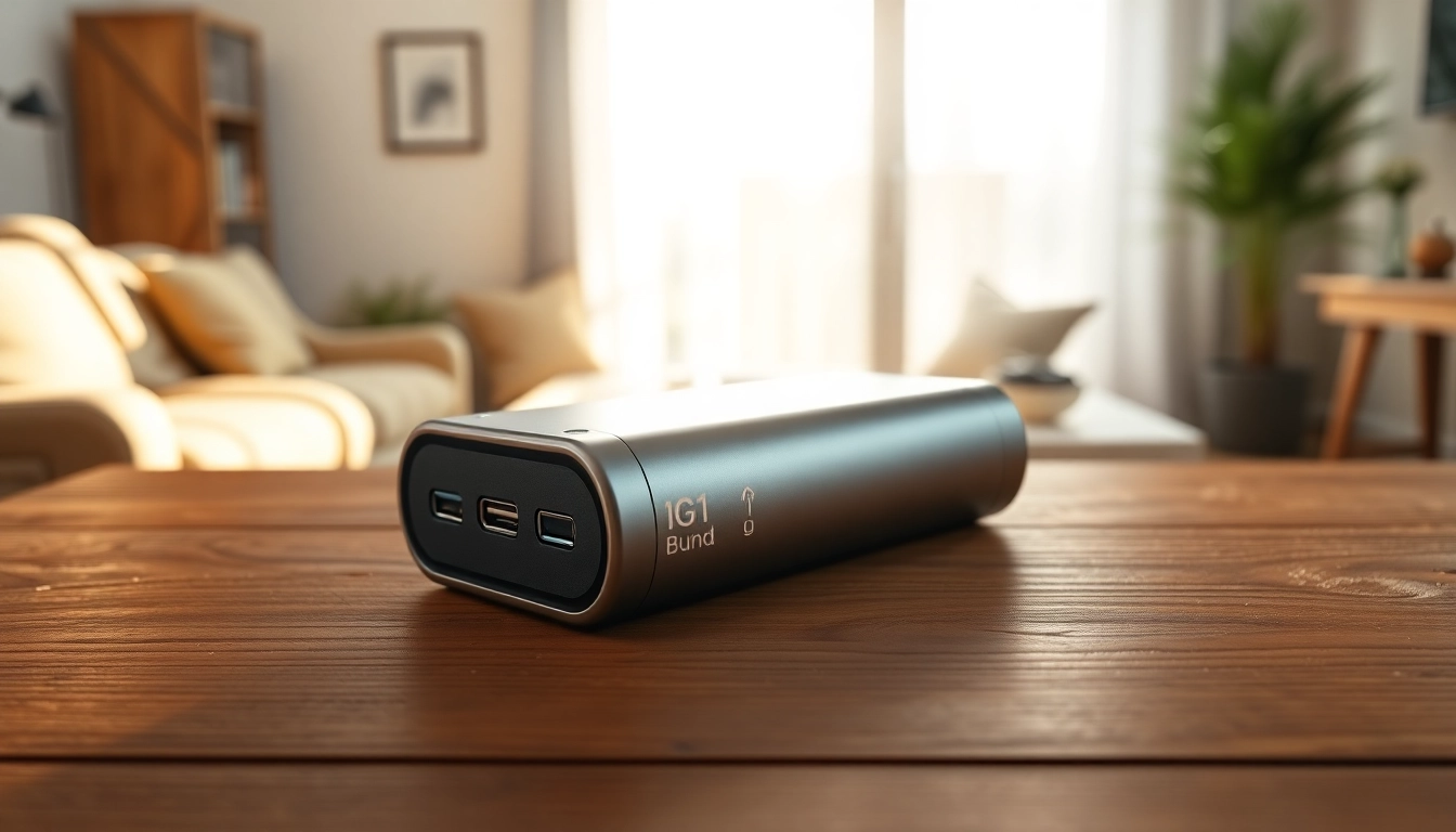 Showcase a battery pack featuring sleek design and smooth texture in a bright living space.