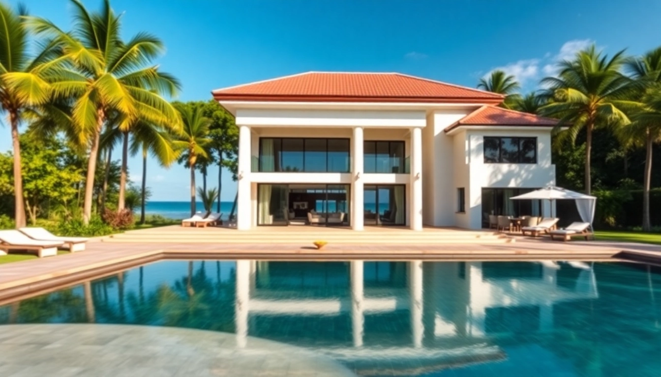 Showcase villa sales with a luxurious villa against a tropical background.