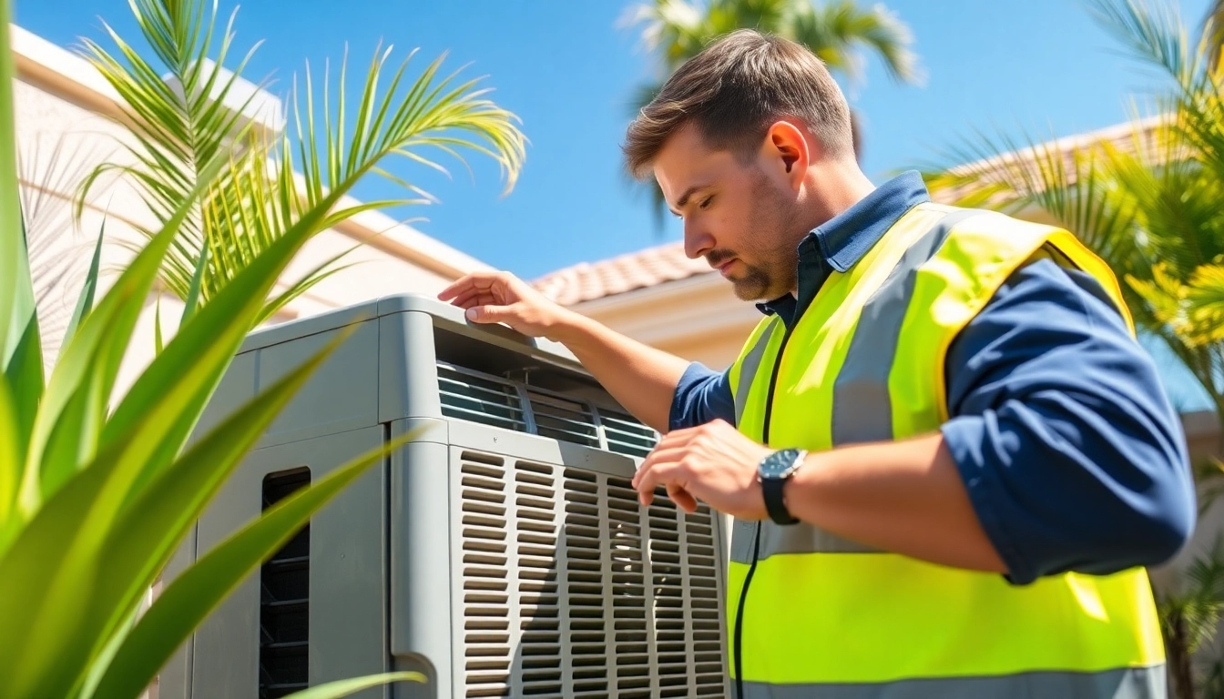 Technician servicing a scottsdale ac unit in a sunny residential backyard.