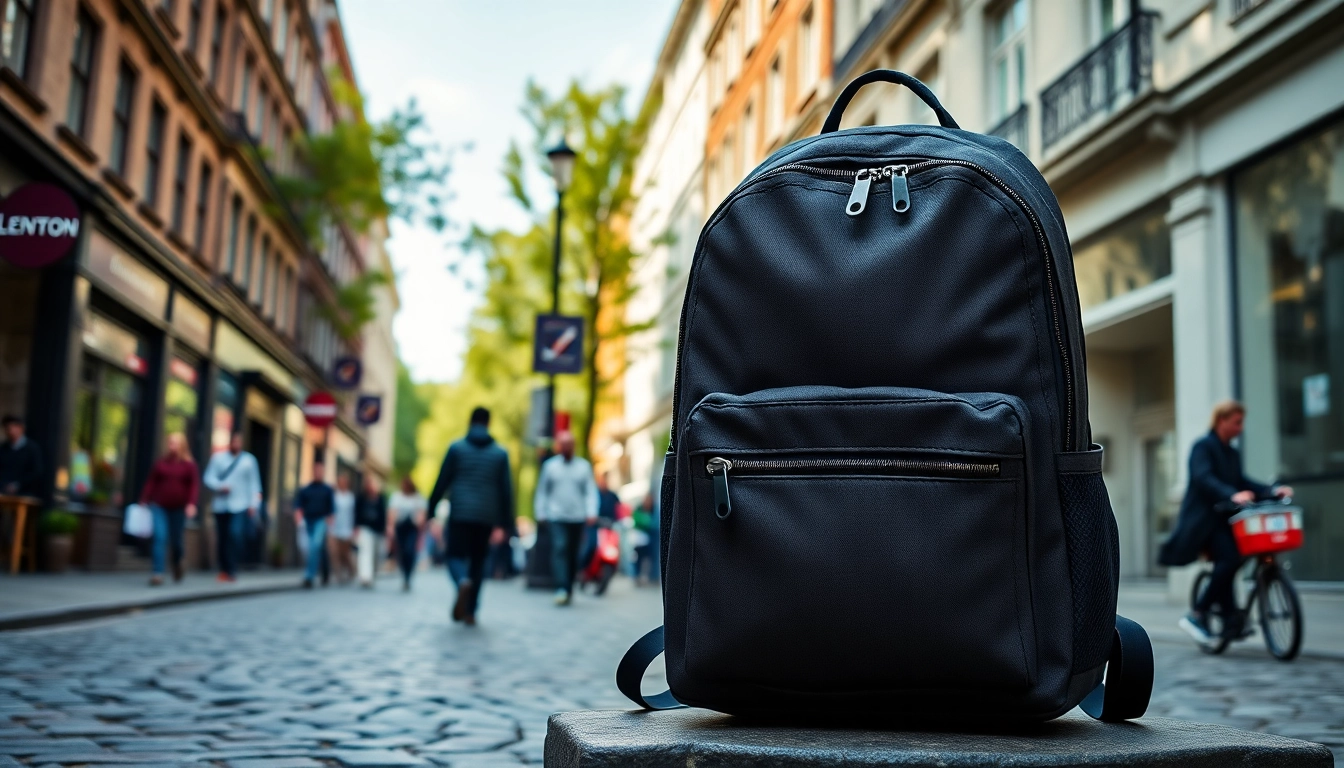 Showcasing the London Backpack brand against a vibrant London street backdrop.
