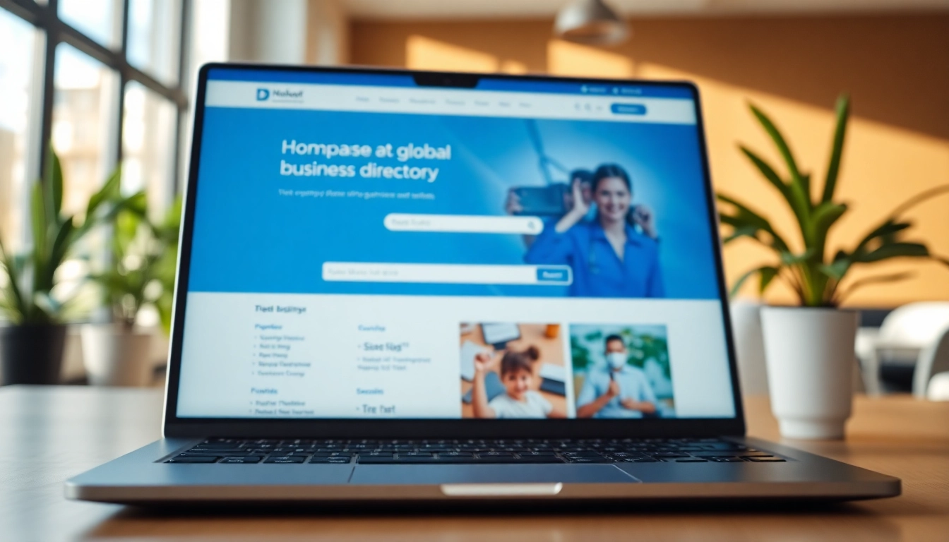 Showcasing a global business directory interface on a laptop in a modern office setting.