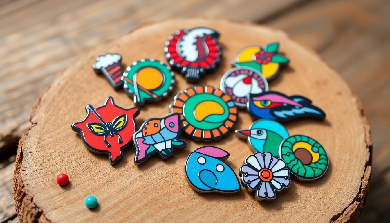 Showcase of colorful soft enamel pins on a rustic wooden board highlighting unique designs.