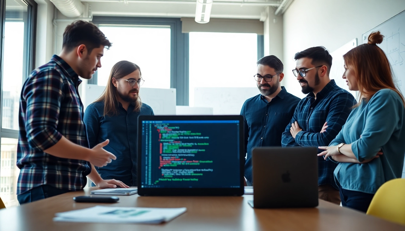 Web development team collaborating on a project in a modern office setting