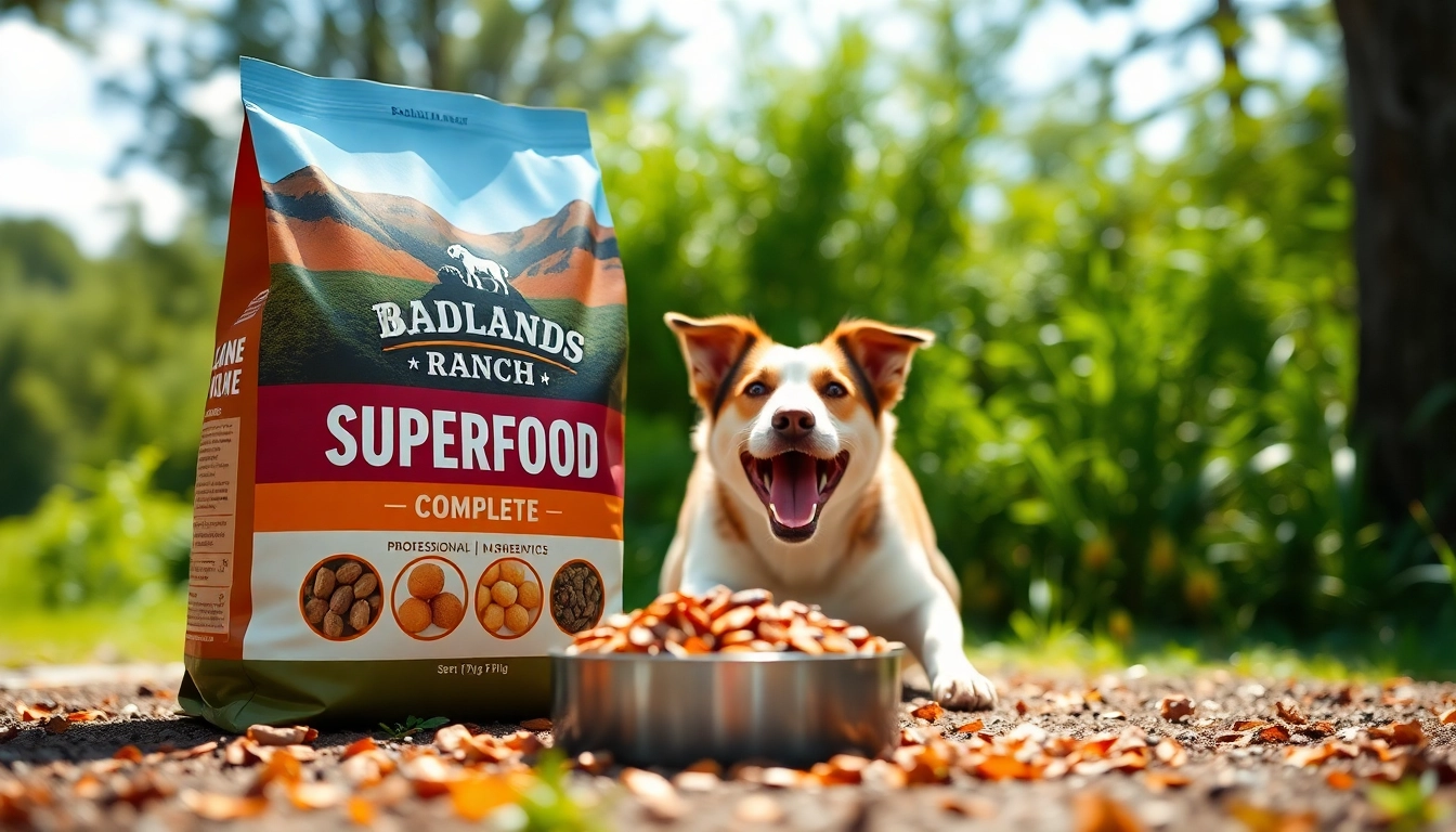 Serving badlands ranch superfood complete to a happy dog in a natural outdoor setting.
