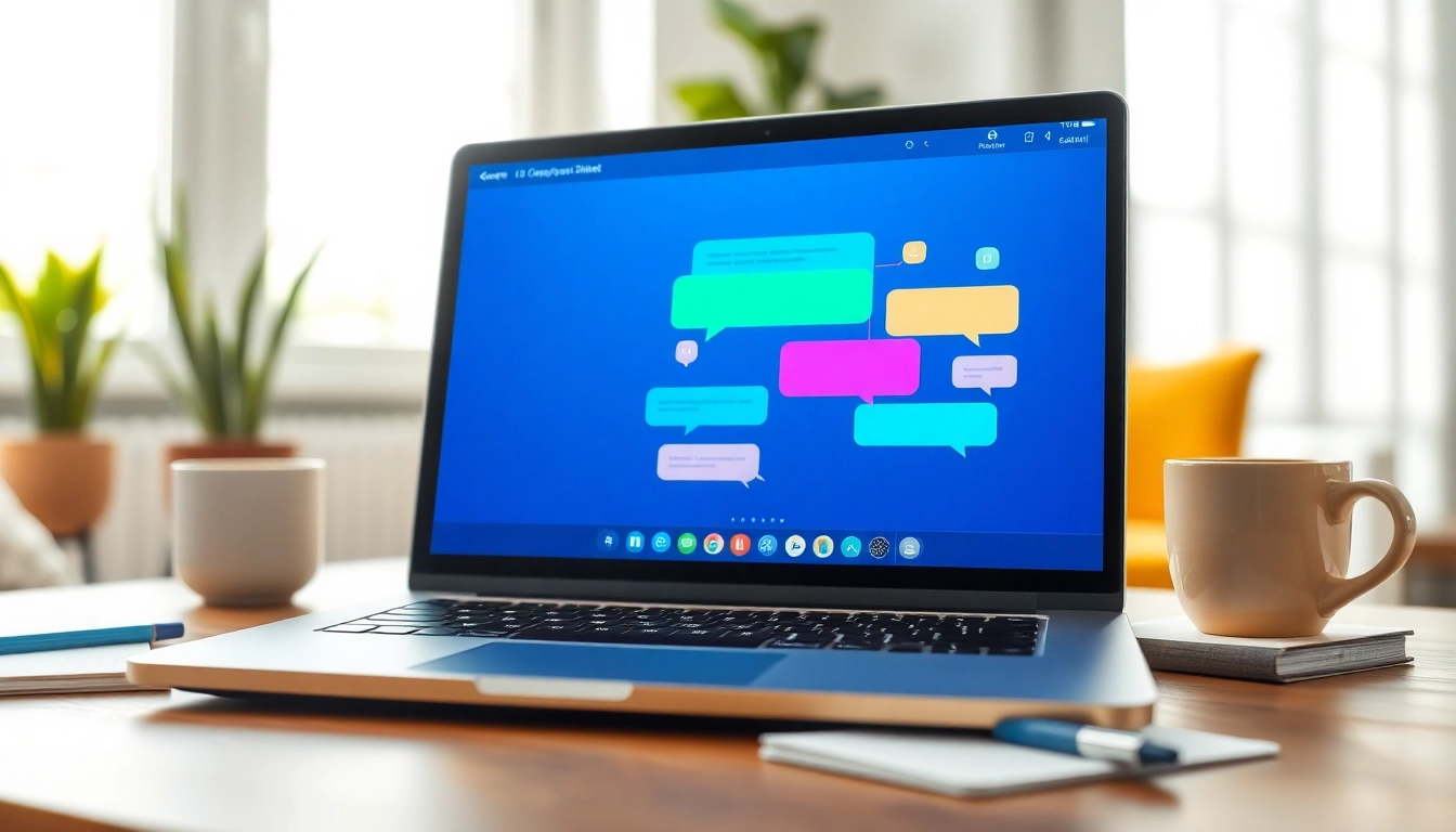 Engage with a website chatbot displayed on a laptop in a cozy office setting.