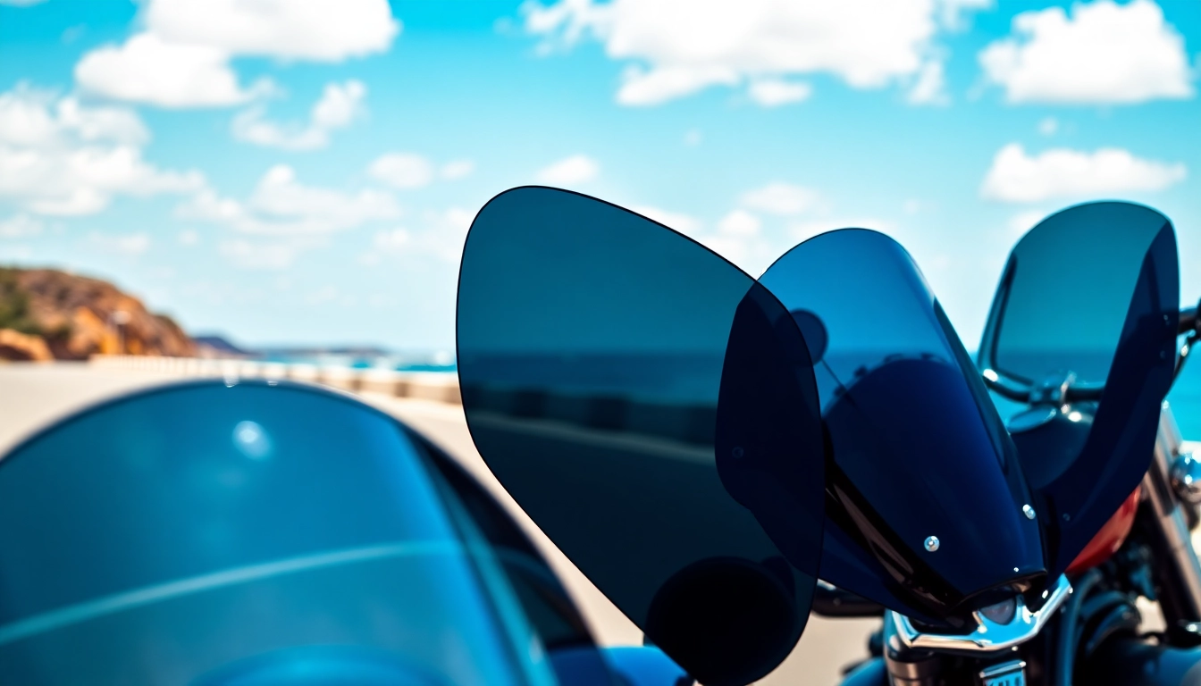 Showcasing motorcycle windshields in a dynamic coastal setting, highlighting quality and design.