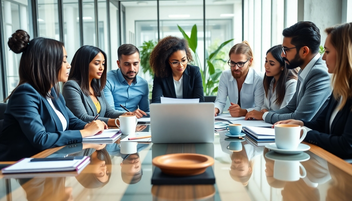 Engaged team of Quickplus Business Consultants collaborating in a modern office environment.