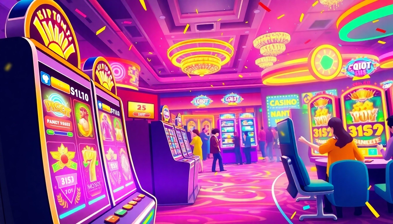 Engaging pgslot gaming experience showcasing an animated slot machine surrounded by colorful casino atmosphere.