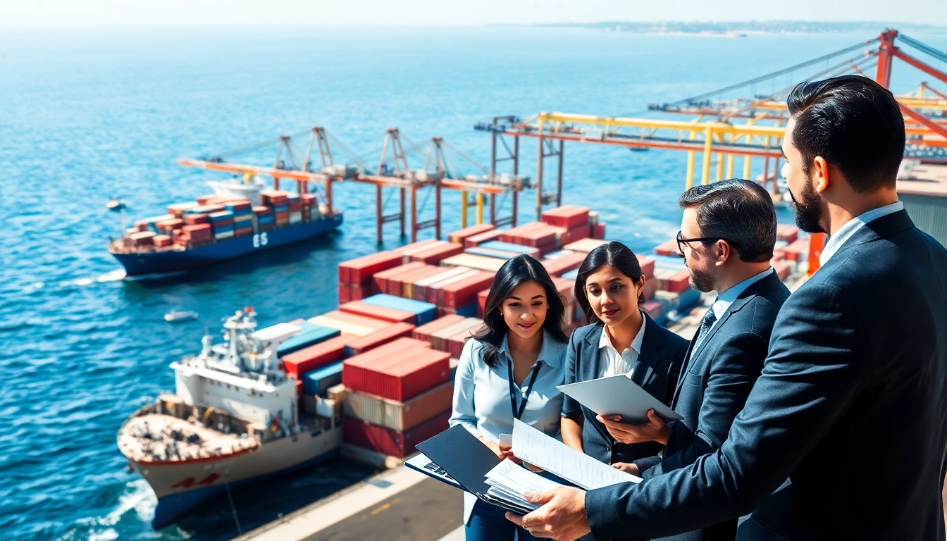 Highlighting the significance of exports through professionals discussing trade in a busy harbor.