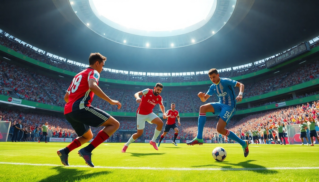 Menampilkan permainan Sepakbolacc game dengan pemain yang berlaga di lapangan hijau.