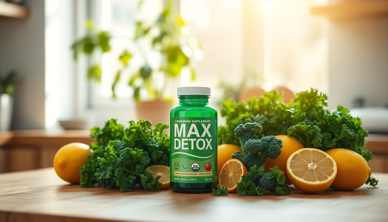 Max detox supplement bottle with fresh organic ingredients promotes health and vitality.