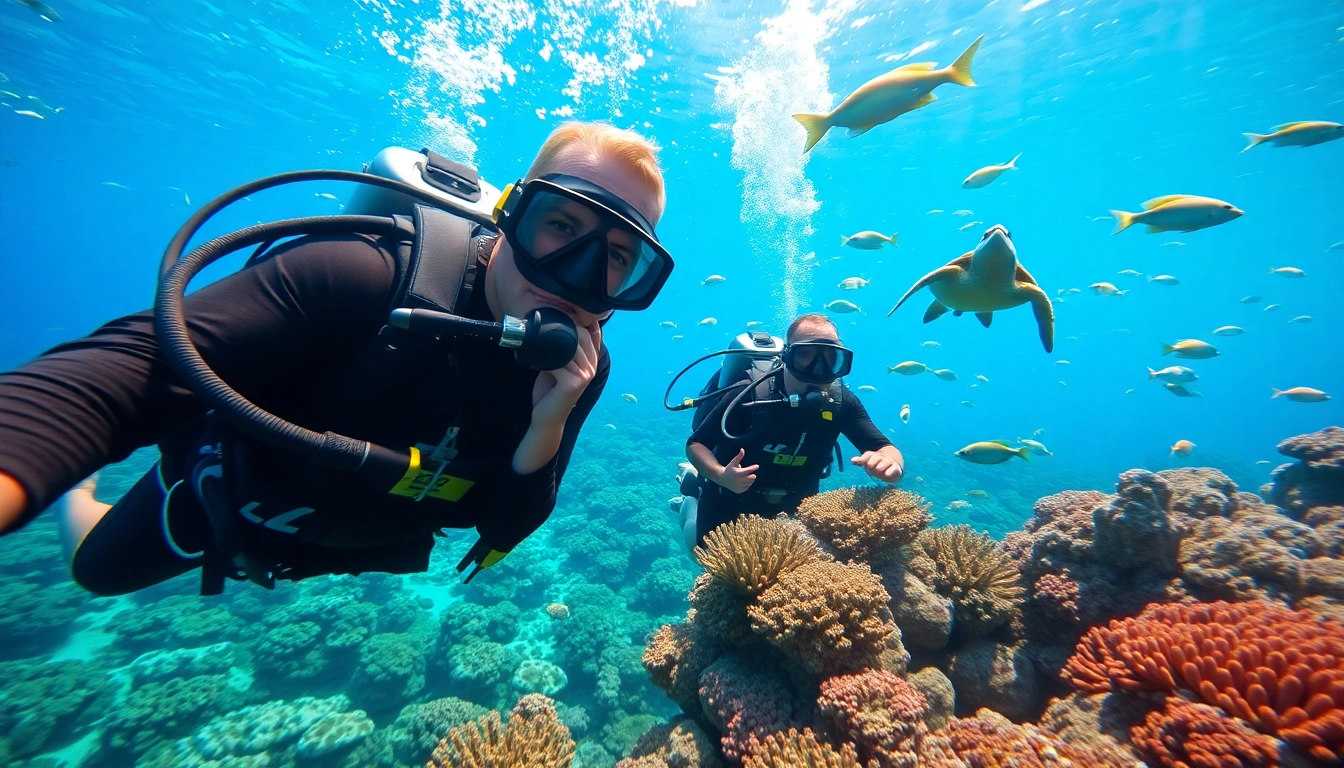 Diving in San Pedro Belize showcases scuba divers amidst colorful marine life and vibrant coral reefs.