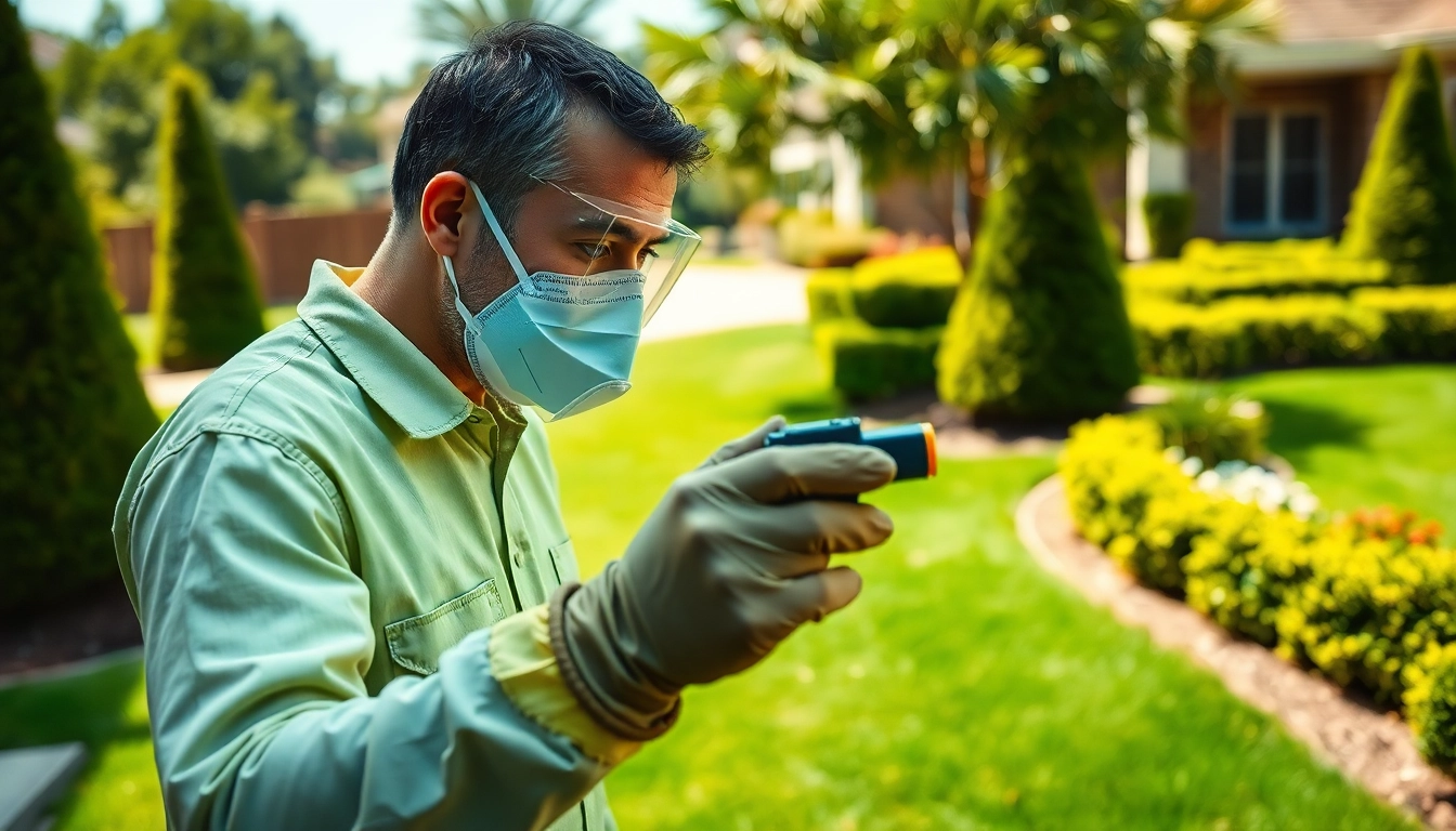 Pest control technician conducting a thorough inspection of a residential yard with safety gear.