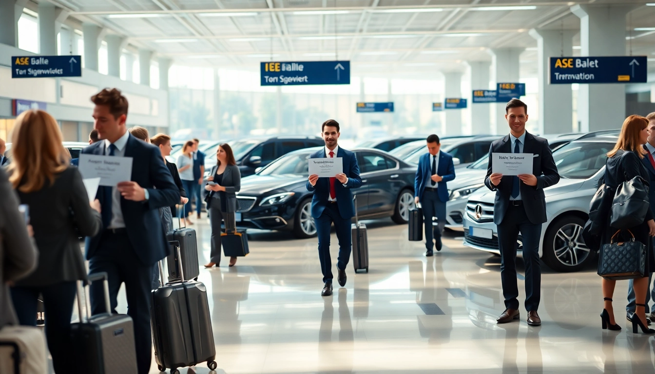 Experience seamless airport transfers with professional drivers at a busy airport terminal.