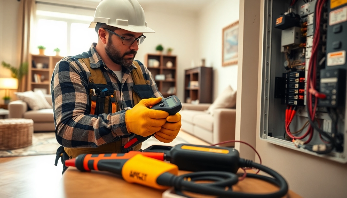 Skilled electrician repairing a residential electrical panel with safety gear and professional tools.