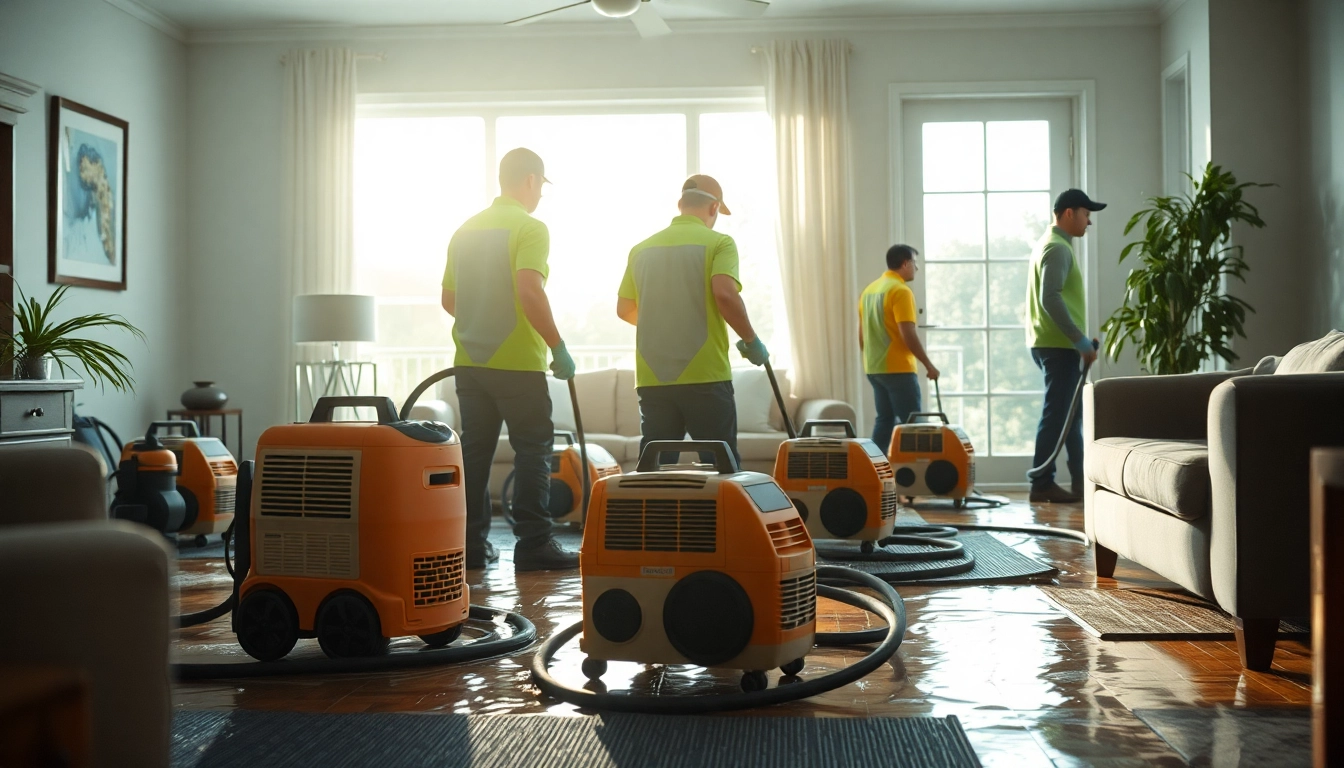 Water Damage Restoration crew addressing a flooded living room, showcasing professional response.