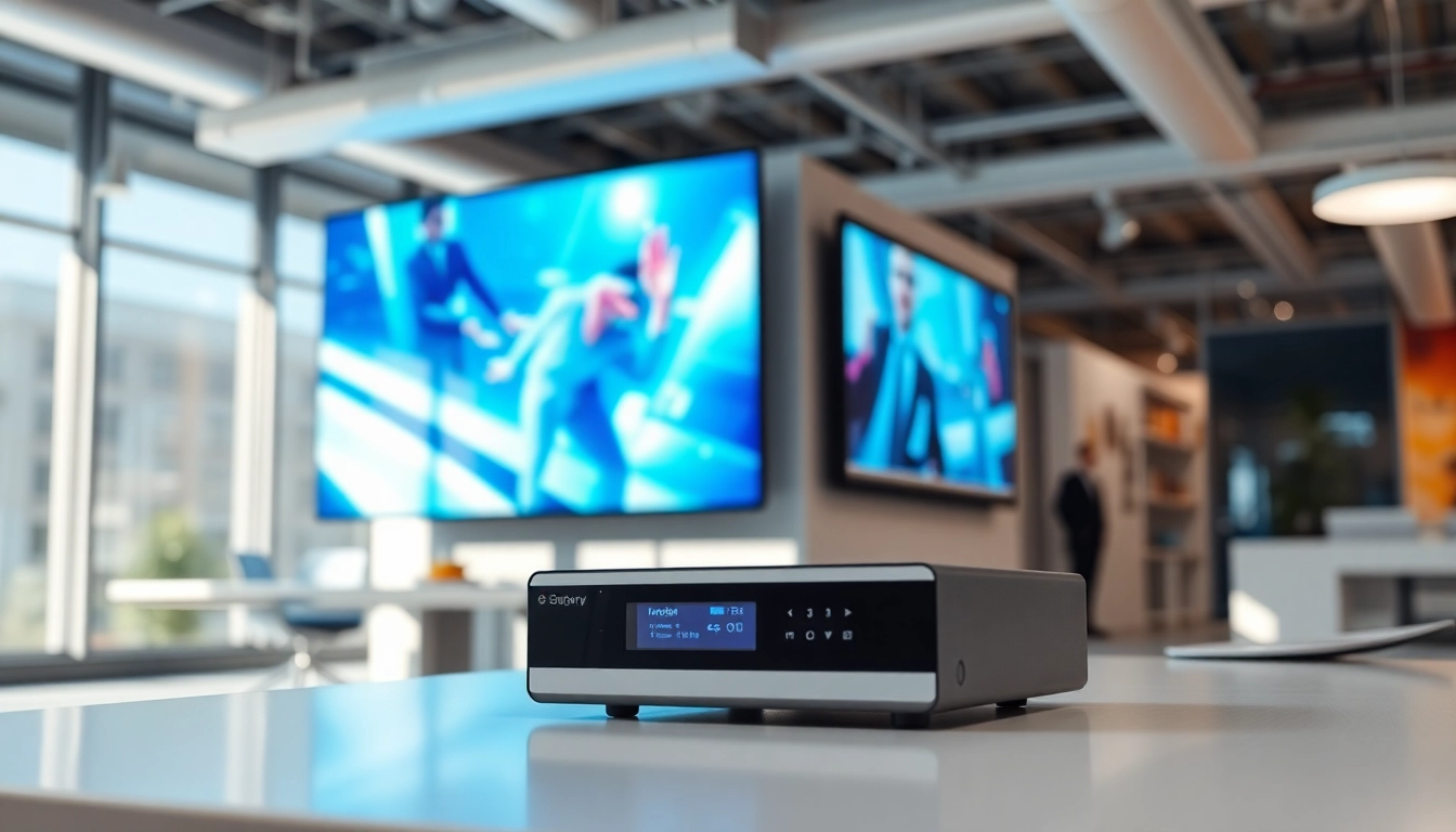 Engaging digital signage displays in a professional office setting showcasing vivid content.