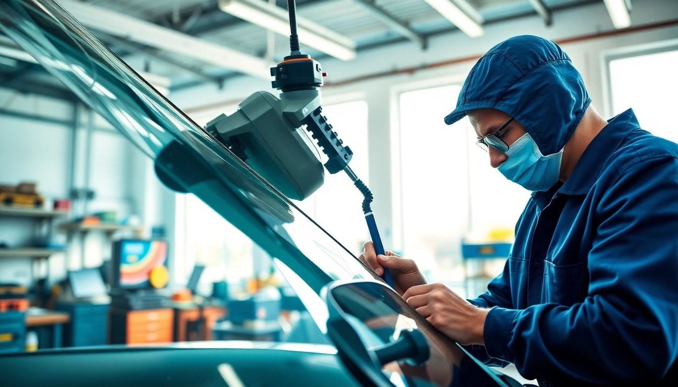 Windshield Repair technician carefully fixing a cracked windshield with precision tools.