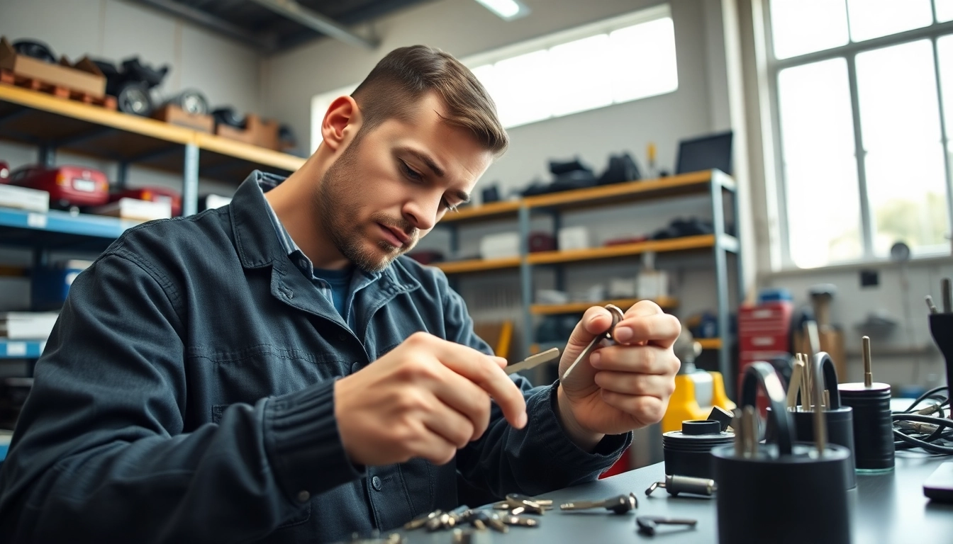 Locksmith creating a replacement key for Lost Car Keys in a modern workshop.