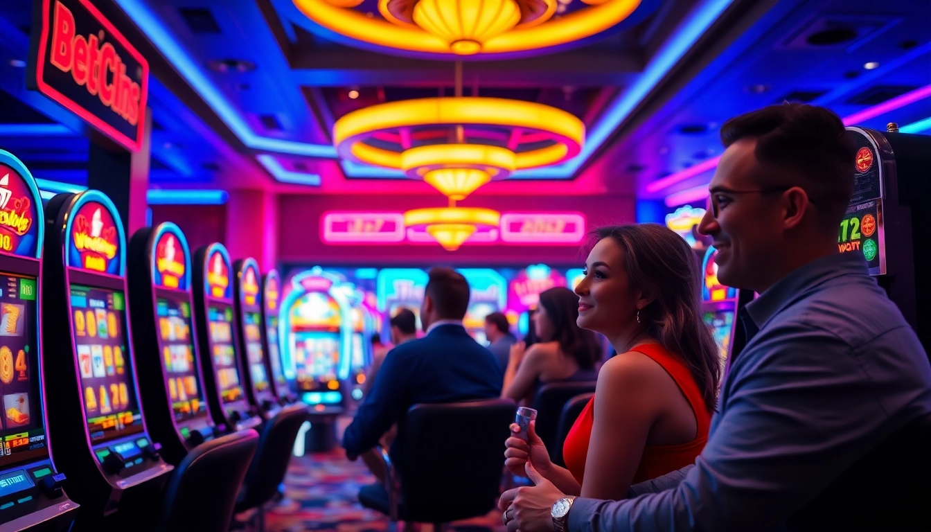 Action-packed slotbuff3.com gaming scene showcasing vibrant slot machines and excited players.