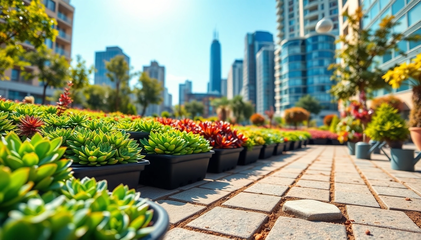 Showcasing lush sedum trays in an urban garden filled with vibrant greenery.