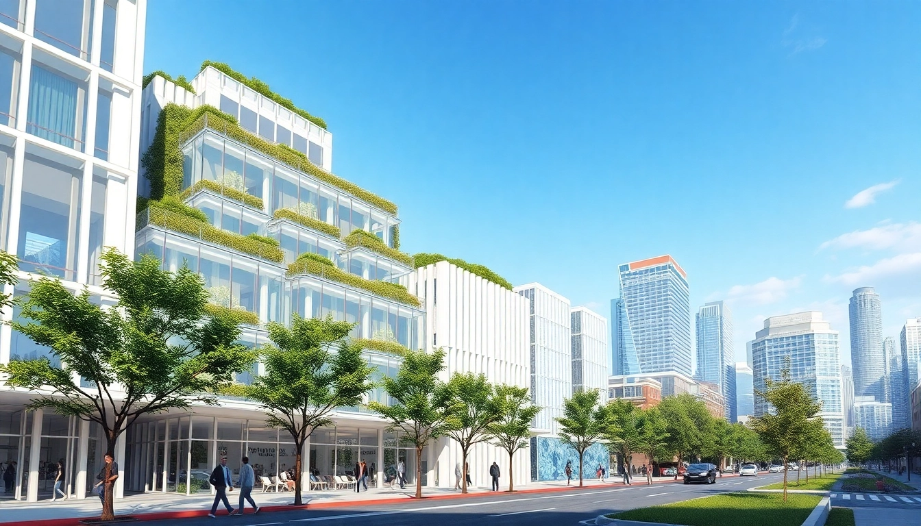 Erstellen Sie beeindruckende visualisierung architektur in einer urbanen Umgebung mit modernen Gebäuden und lebendiger Atmosphäre.