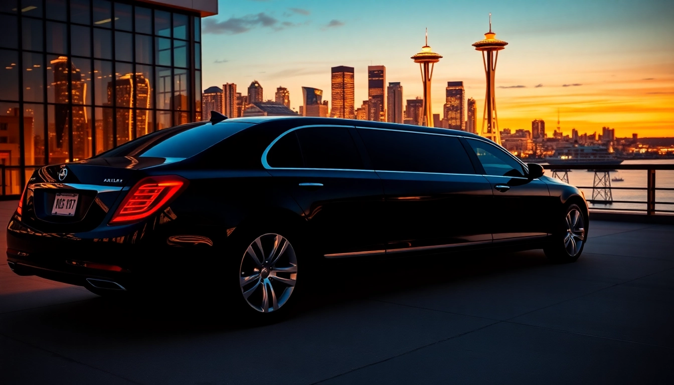 Experience Vancouver to Seattle Car Service in a luxurious black limousine against a stunning cityscape.