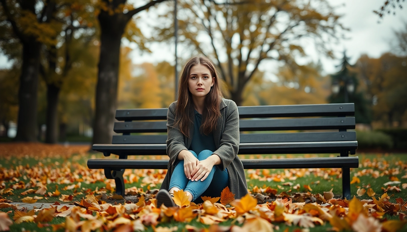 Reflecting on a relationship breakup with melancholy ambiance in a tranquil park setting.