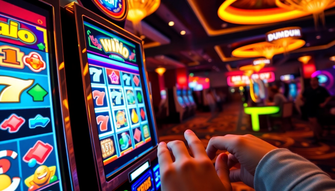 Mesin slot Dumdum4D dengan simbol menarik dan suasana kasino yang energik.