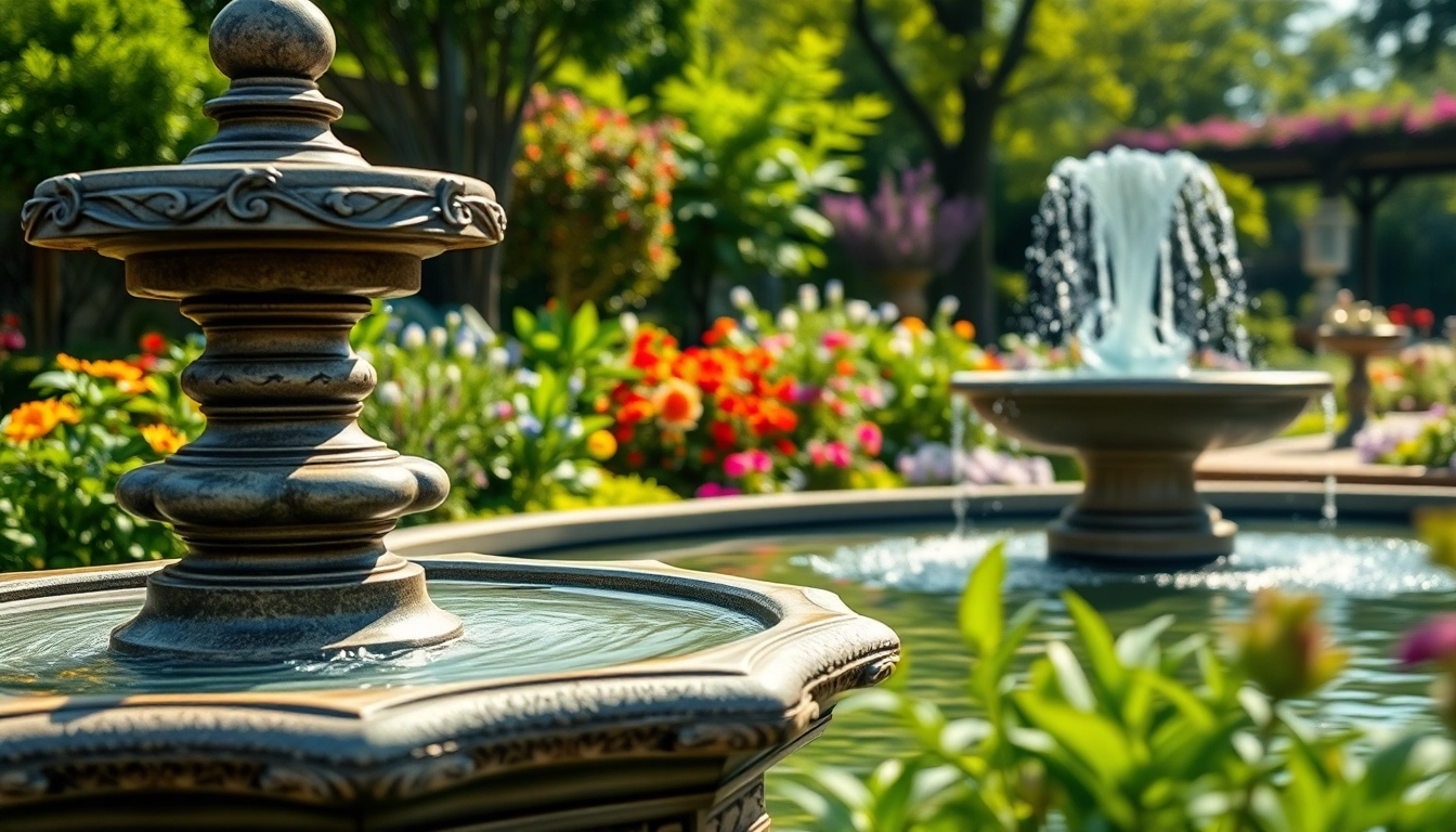 Wunderschöner gartenbrunnen umgeben von Blumen und Grün im Garten.