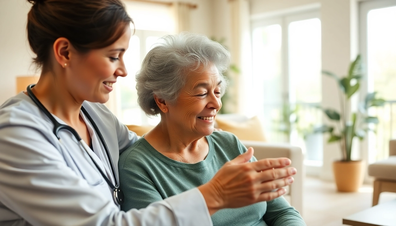 Caregiver providing in home care austin tx services to a senior in a welcoming living room.