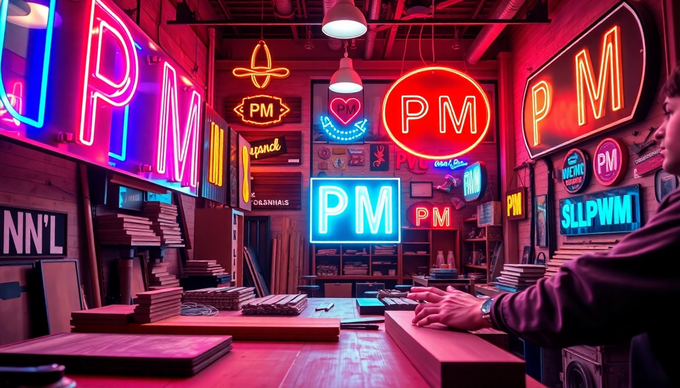 Create eye-catching pm signs in a vibrant workshop showcasing skilled craftsmanship.