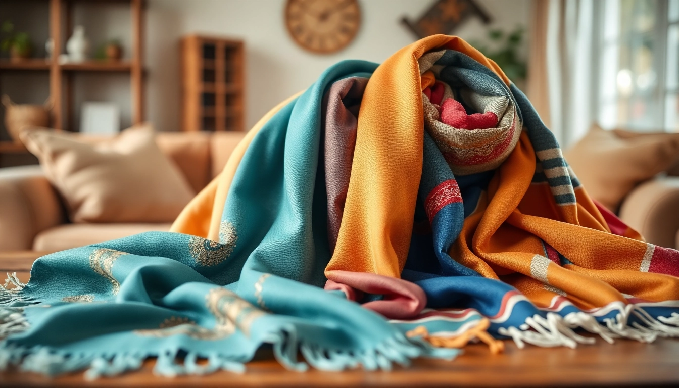 Explore a vibrant arrangement of scarves showcasing intricate patterns and textures on a wooden table.
