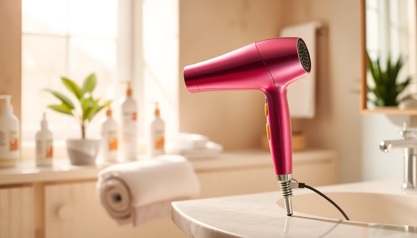 Stylish hair dryer showcased on a bathroom counter with natural lighting.