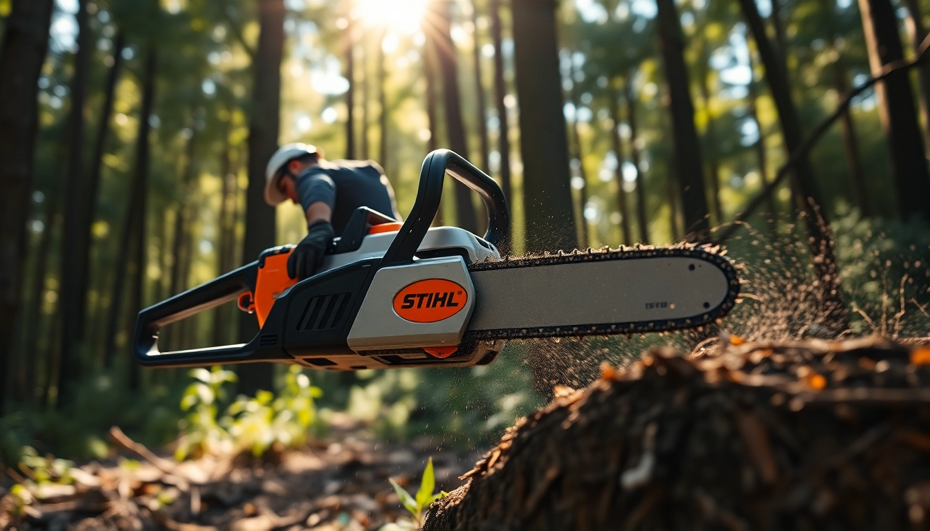 Stihl Kettensäge, die durch dichten Wald schneidet, von einem motivierten Arbeiter gehalten.