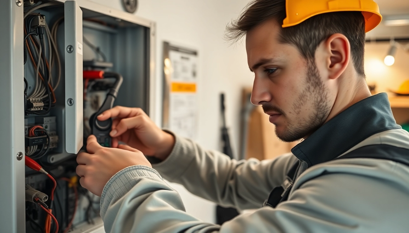 Electrician expertly installing wiring in a residential panel, showcasing professionalism and skill.