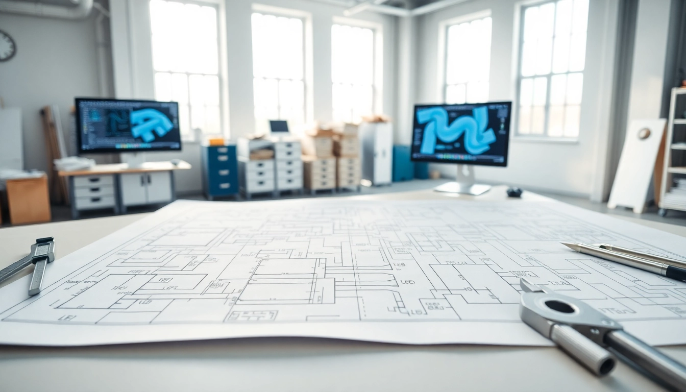 View detailed duct design florida schematics on a drafting table in a professional workshop.
