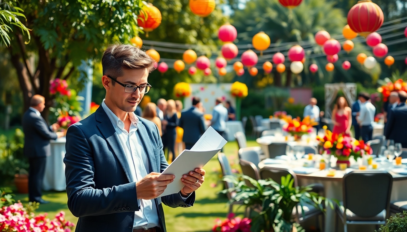 Event Planning scene showcasing a professional planner coordinating an outdoor corporate event.