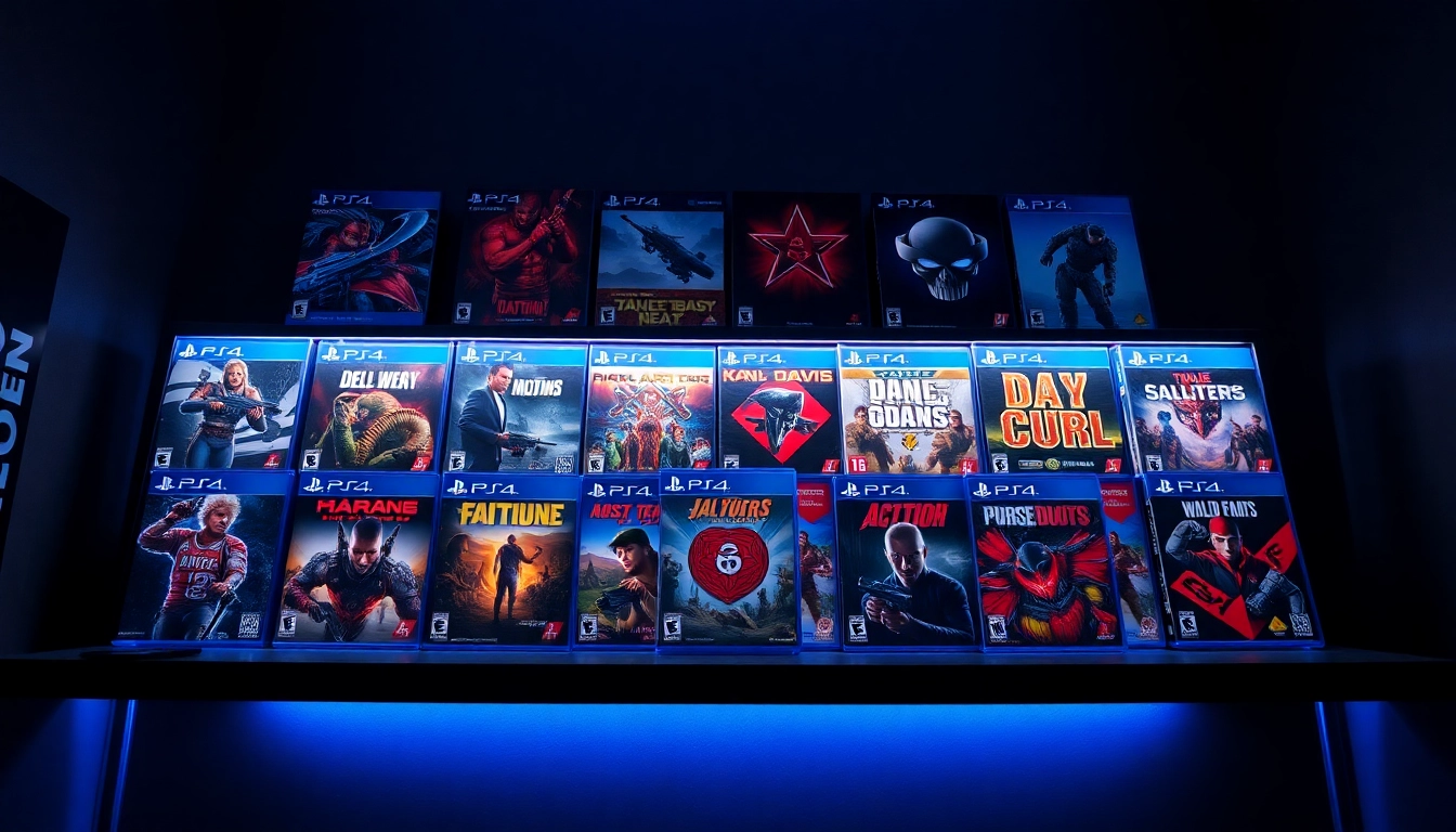 Showcase of various PS4 games on a shelf with vibrant colors and ambient light.