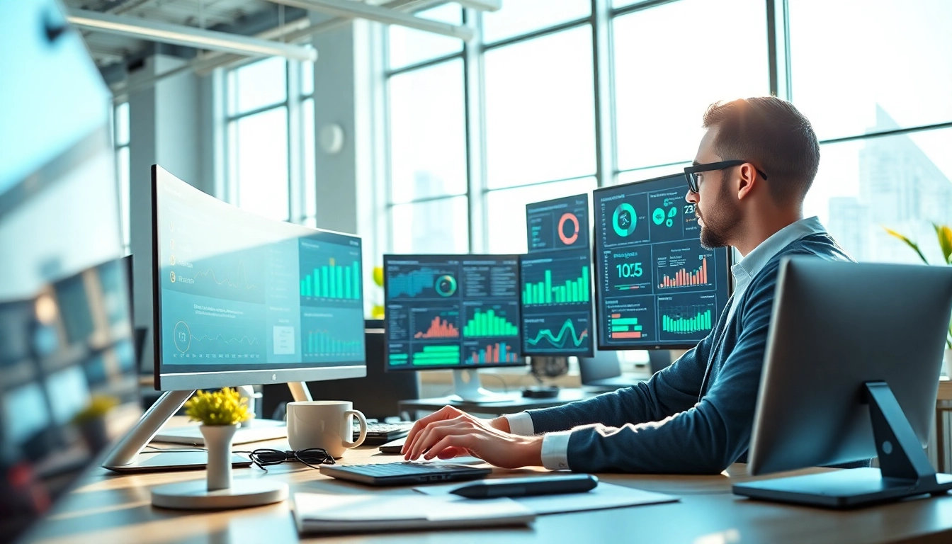 Illustration of a digital marketer utilizing an AI content marketing platform dashboard in a modern workspace.