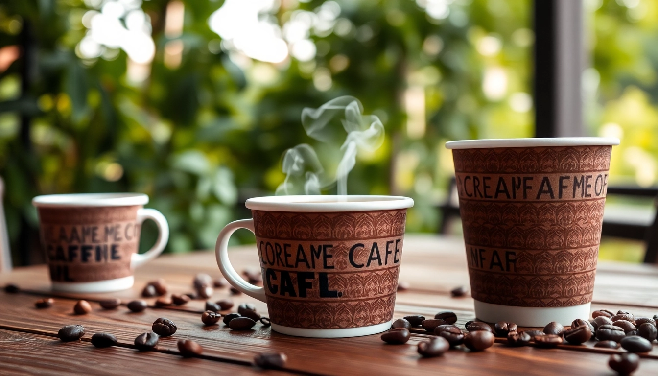 Presenting beautifully crafted paper coffee cups with steaming coffee, enhancing the café atmosphere.