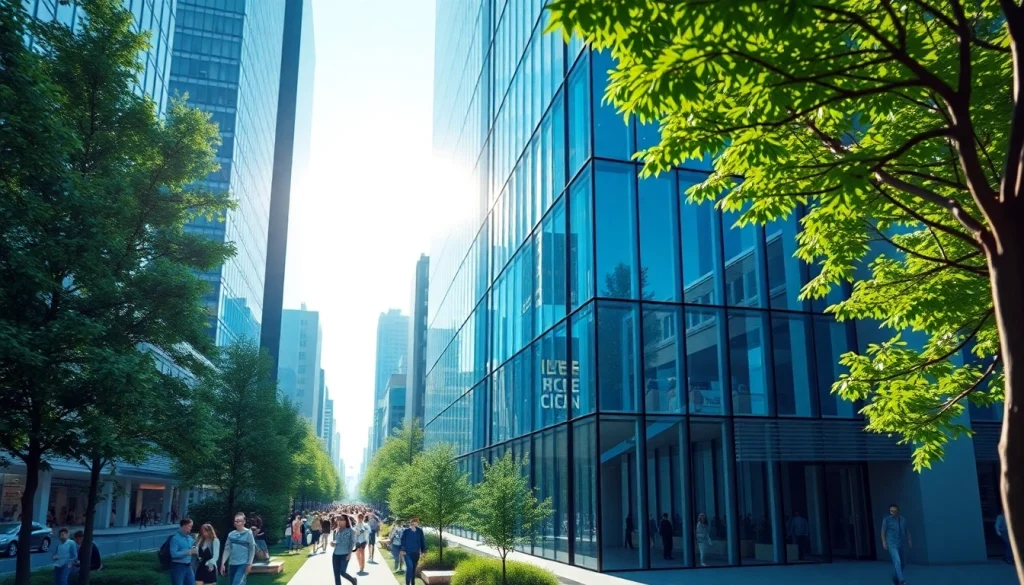 Current image: Visualisierung Architektur zeigt eine moderne 3D-Visualisierung eines urbanen Gebäudekomplexes.