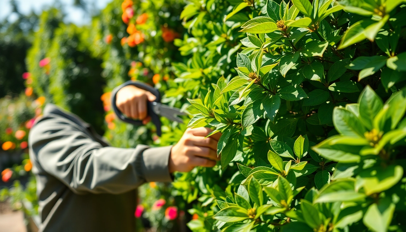 Snoeien van een boom door een professionele tuinier in een weelderige tuin.
