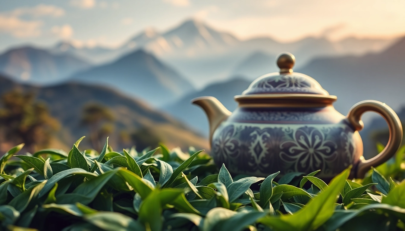 Brewing Nepal tea with fresh leaves in a ceramic teapot against Himalayan mountains.