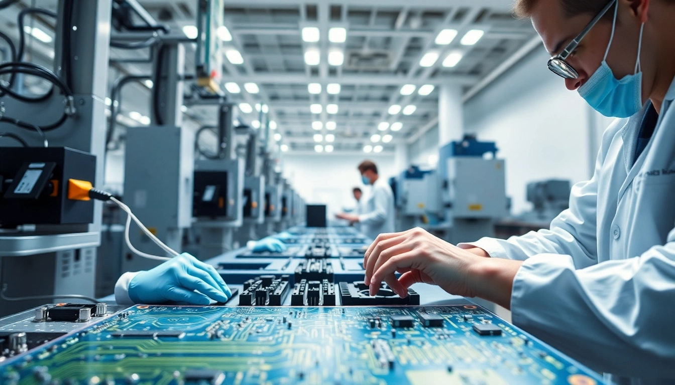 Technician performing Double-Sided PCB Assembly in a modern electronics manufacturing facility with advanced machinery.