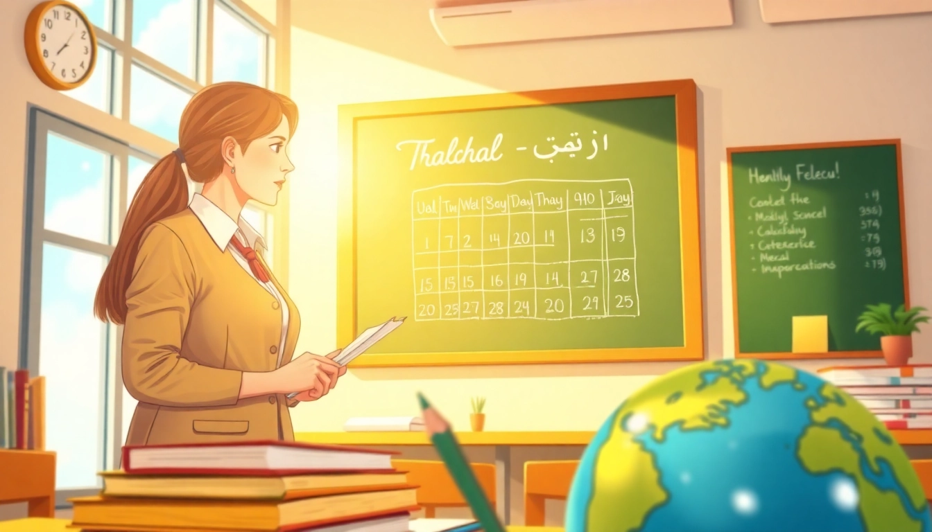توضح لائحة العطل المدرسية مع معلم في الفصل يشرح للطلاب.