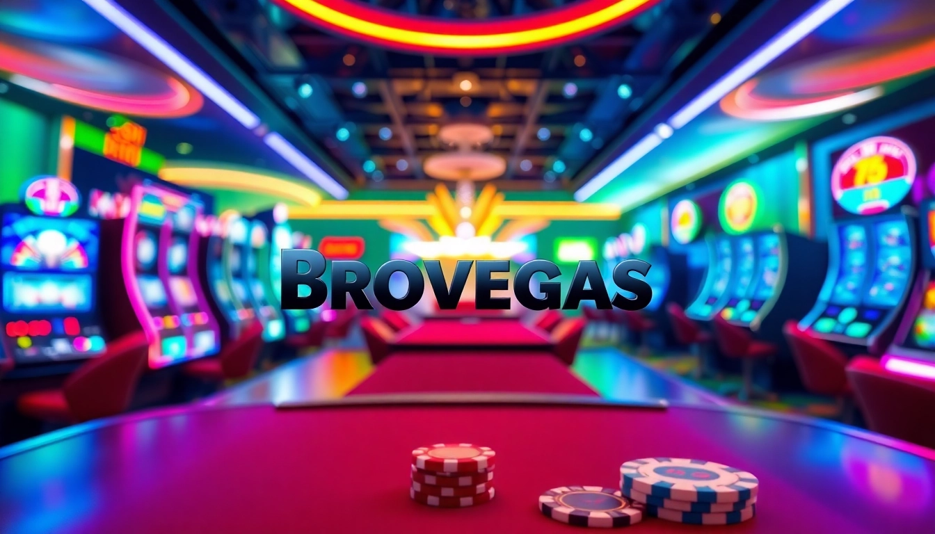 Menggambarkan pengalaman brovegas casino yang menarik dengan logo dan permainan yang berwarna-warni.